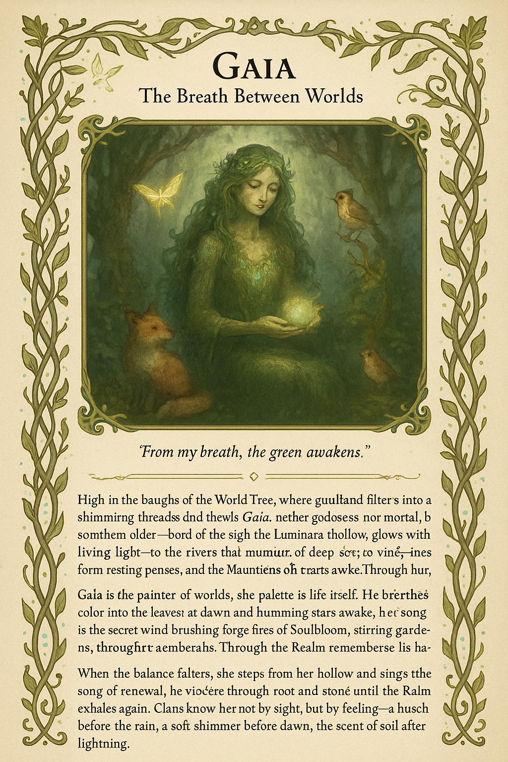 Illuminated lorebook portrait of Gaia seated among the living boughs with a fox, moth, and songbirds